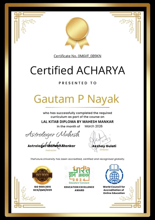 Certificate: Certified Acharya, Lal Kitab Diploma, awarded to Gautam P Nayak, March 2026